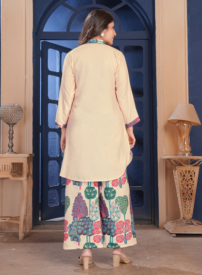 Peach Botanical Printed Cotton Kurta Palazzo Set