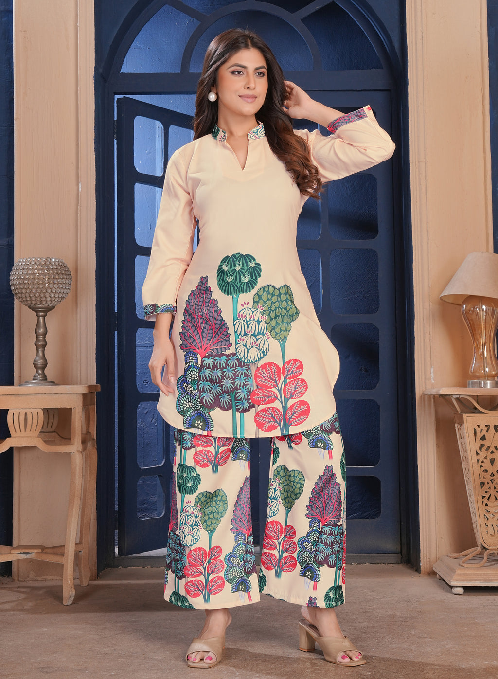 Peach Botanical Printed Cotton Kurta Palazzo Set