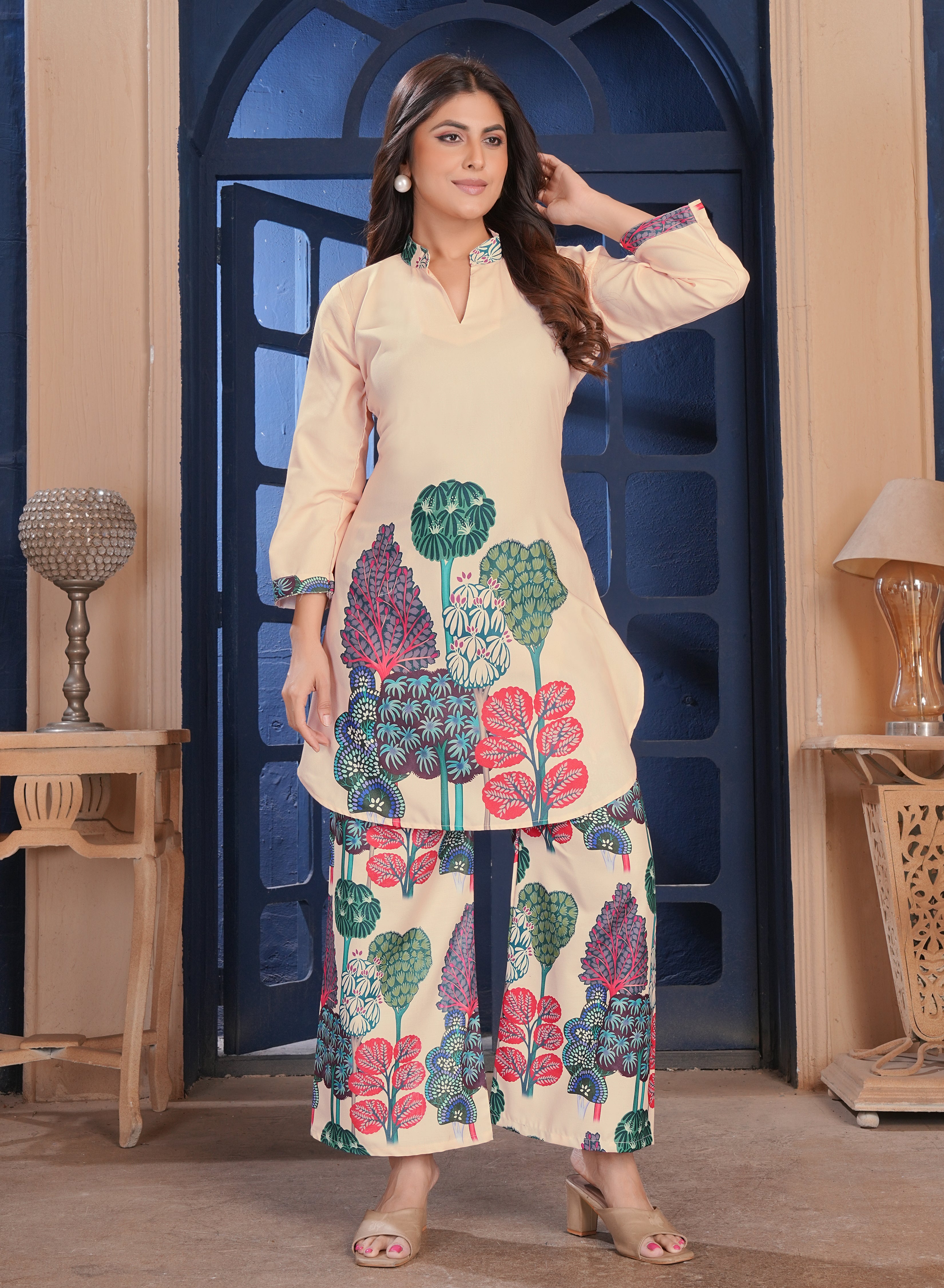 Peach Botanical Printed Cotton Kurta Palazzo Set