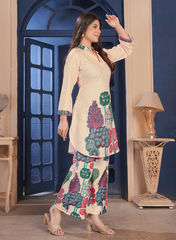 Peach Botanical Printed Cotton Kurta Palazzo Set
