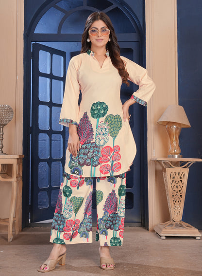 Peach Botanical Printed Cotton Kurta Palazzo Set