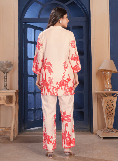 Ivory Coral Tropical Printed Cotton Co-Ord Set