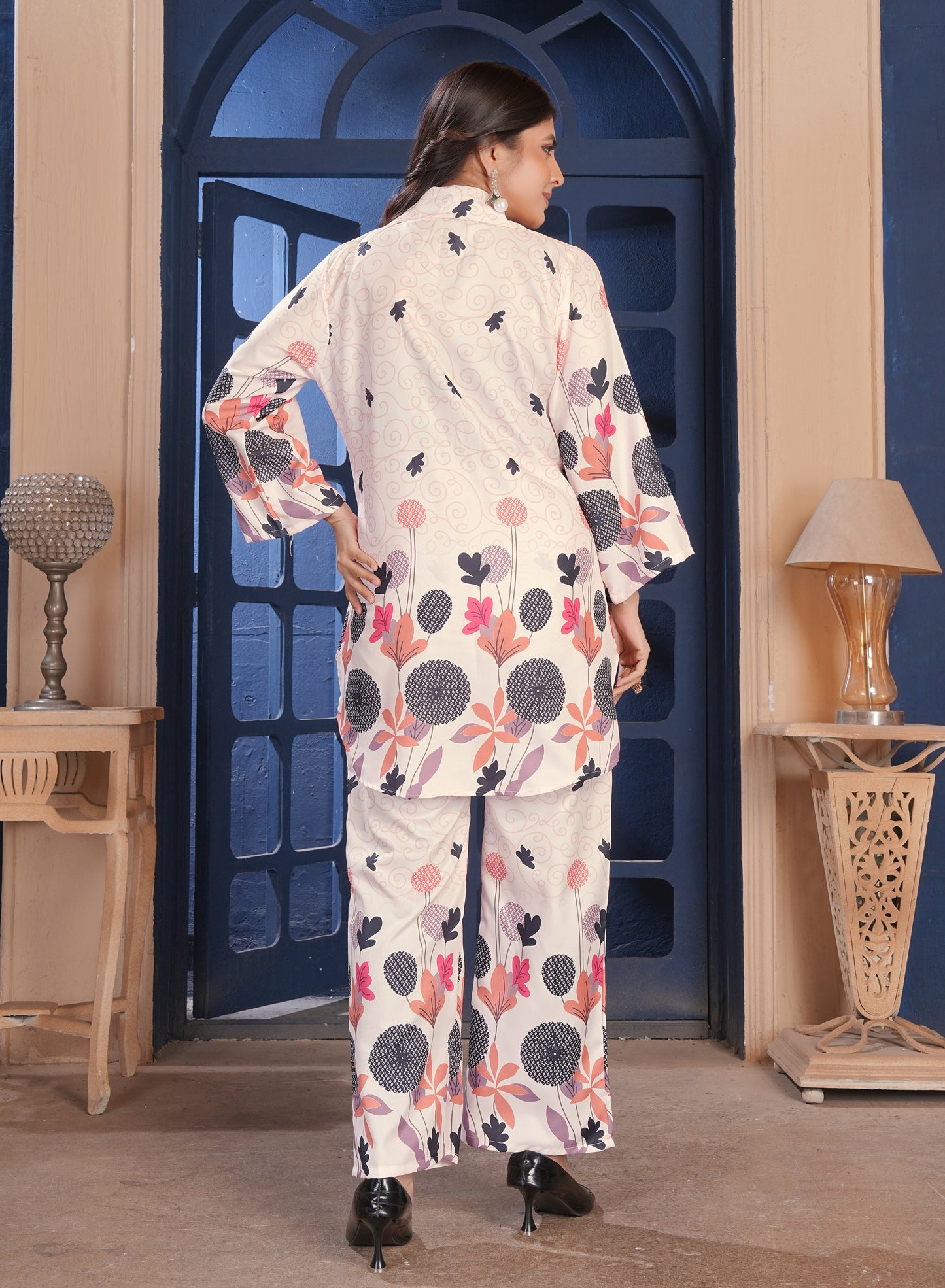 Ivory Floral Printed Cotton Kurta Pant Set
