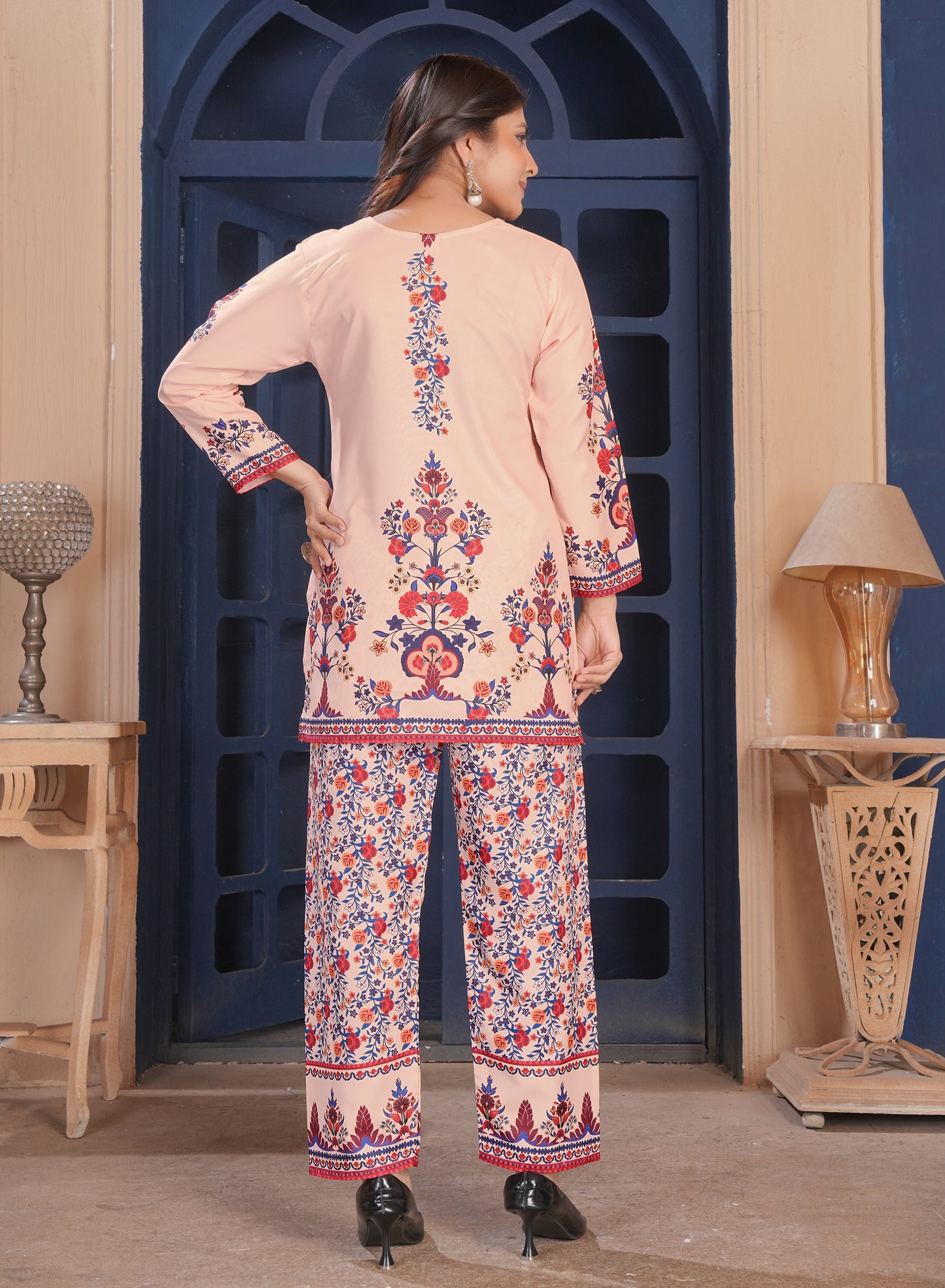 Peach Floral Printed Cotton Kurta Pant Set