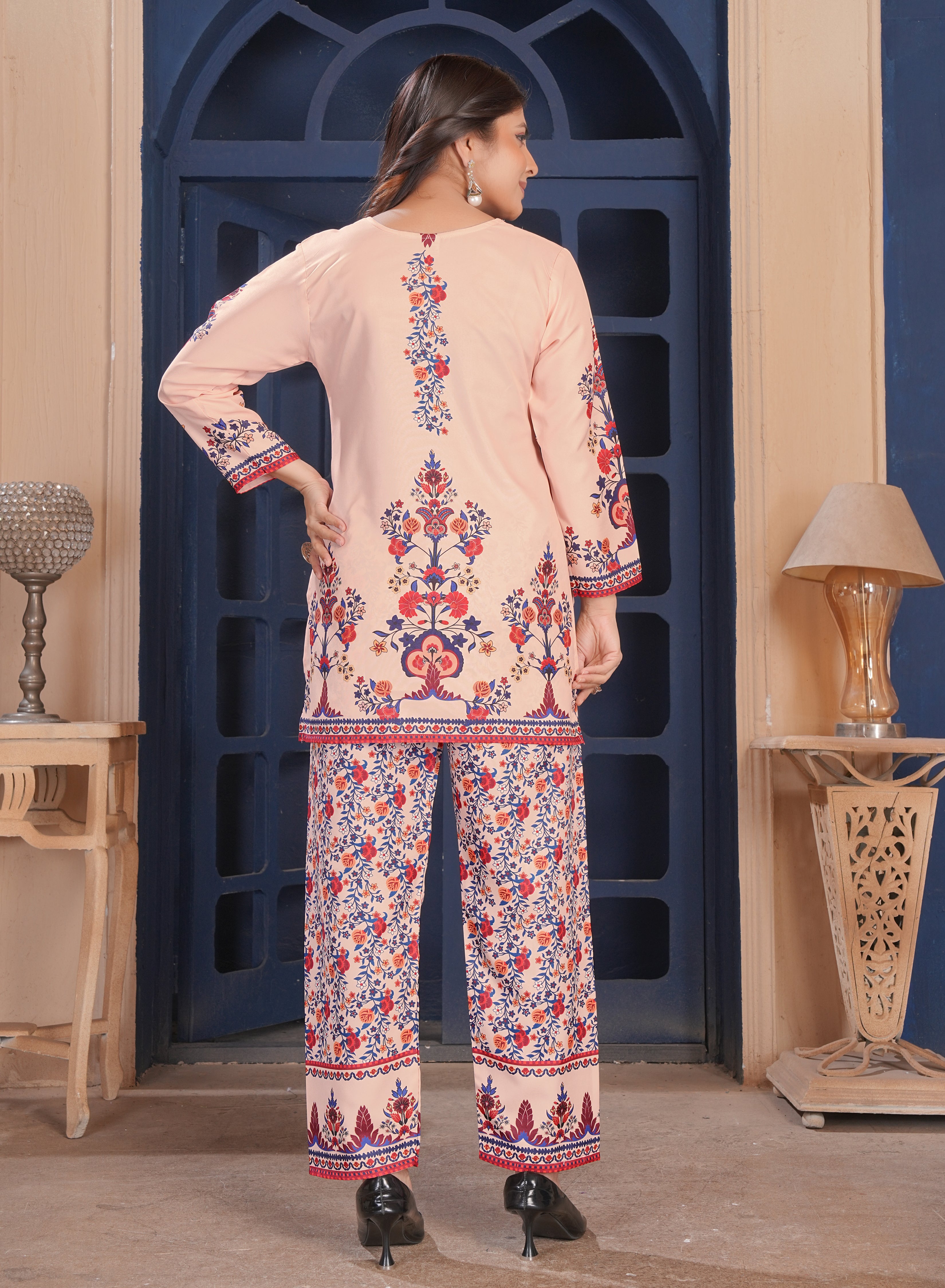 Peach Floral Printed Cotton Kurta Pant Set