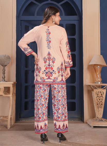 Peach Floral Printed Cotton Kurta Pant Set