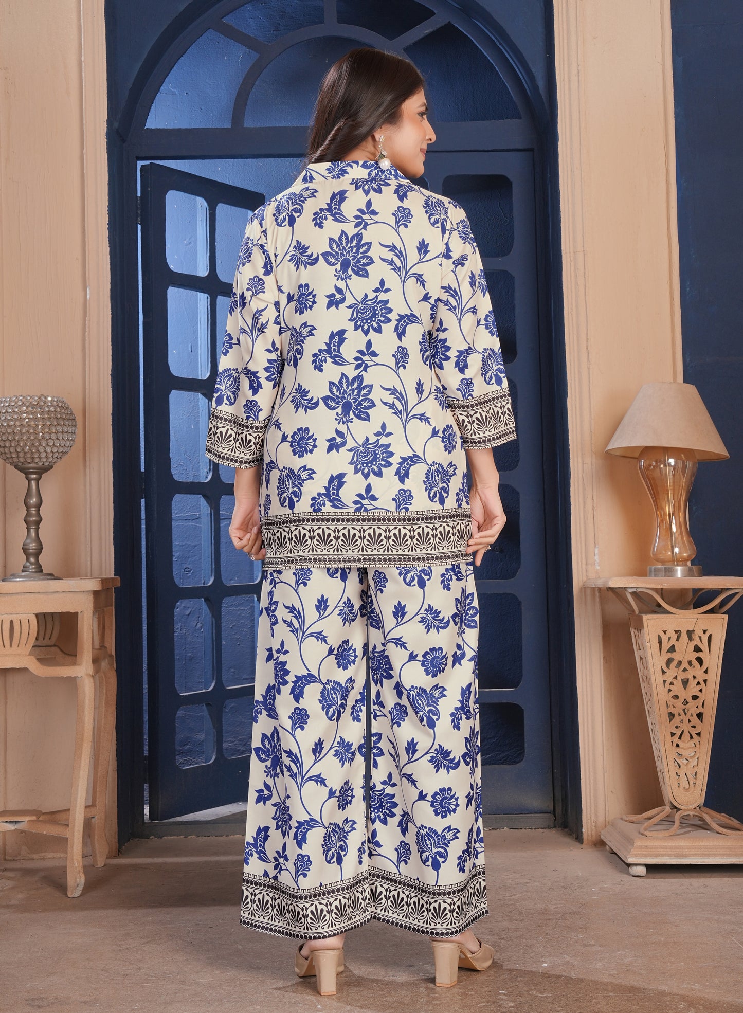 Elegant White Blue Floral Cotton Kurta Palazzo Set