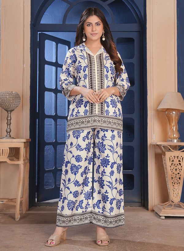 Elegant White Blue Floral Cotton Kurta Palazzo Set