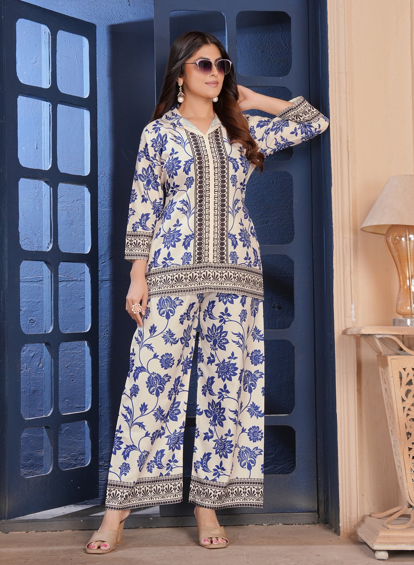 Elegant White Blue Floral Cotton Kurta Palazzo Set
