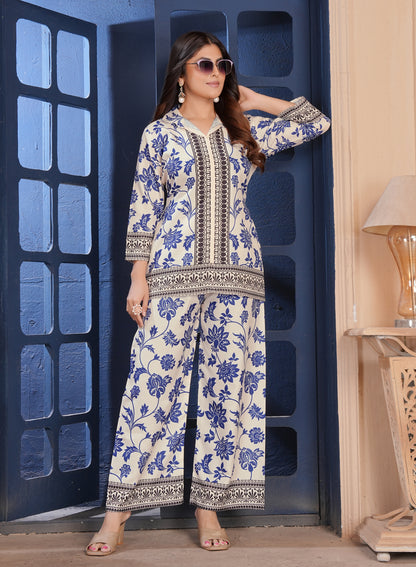 Elegant White Blue Floral Cotton Kurta Palazzo Set