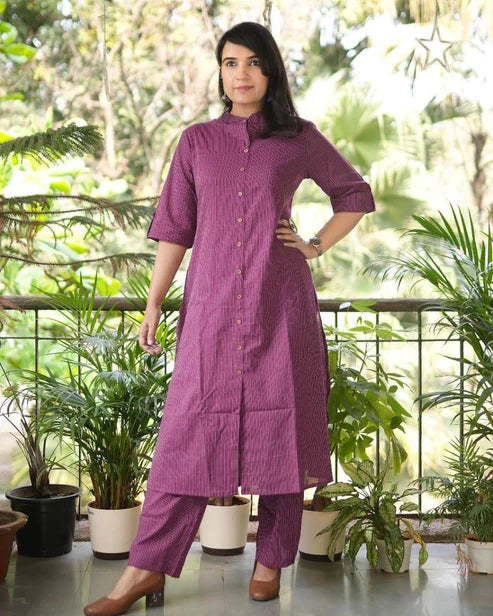 Mauve Printed Cotton Kurta Pant Set