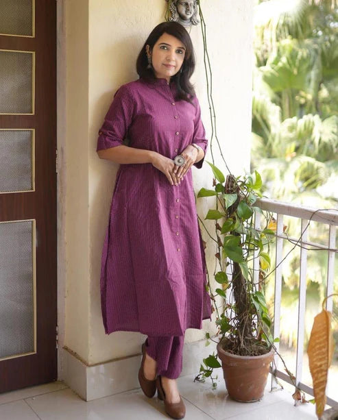 Mauve Printed Cotton Kurta Pant Set