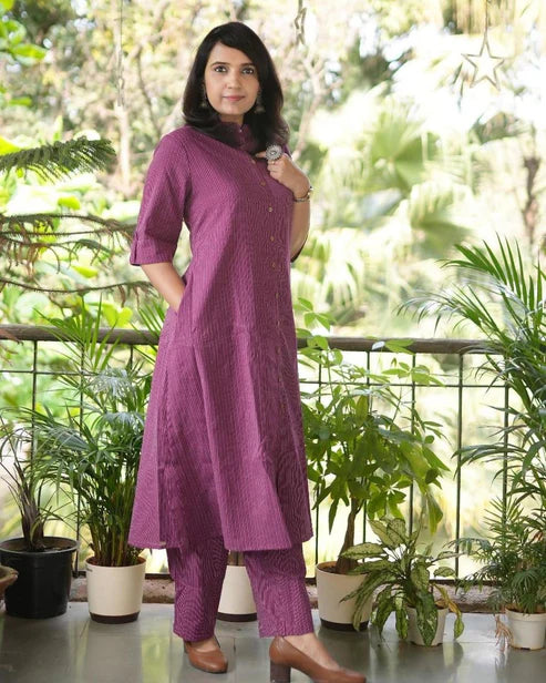 Mauve Printed Cotton Kurta Pant Set