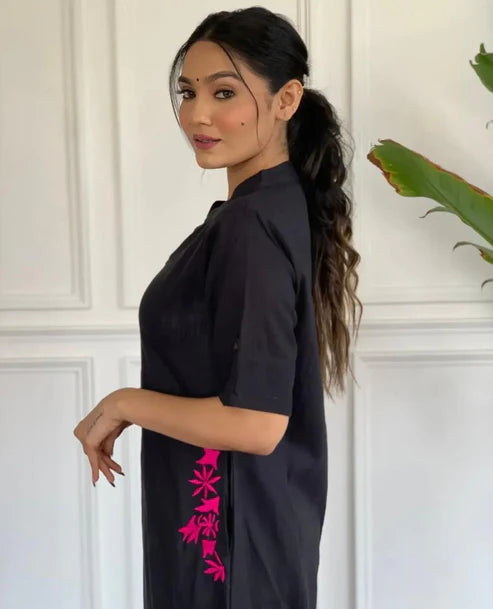 Black Embroidered Cotton Kurta Pant Set