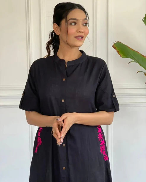 Black Embroidered Cotton Kurta Pant Set
