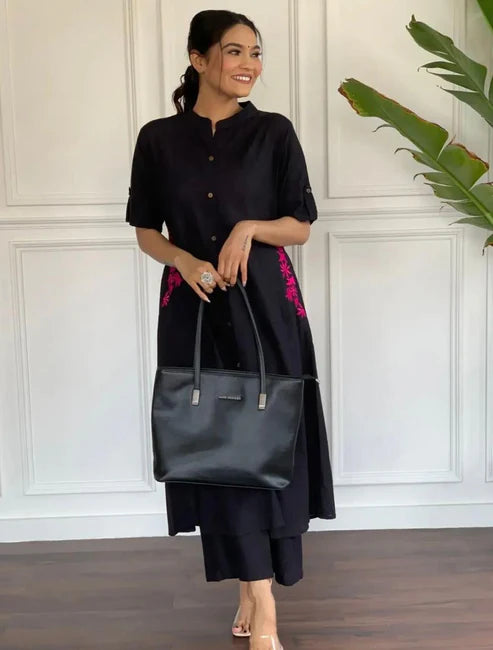 Black Embroidered Cotton Kurta Pant Set