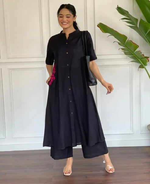 Black Embroidered Cotton Kurta Pant Set