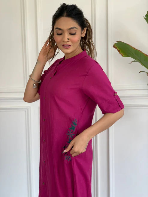 Fuchsia Pink Cotton Kurta Pant Set