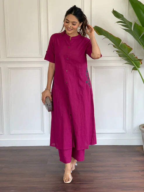 Fuchsia Pink Cotton Kurta Pant Set