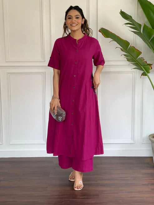 Fuchsia Pink Cotton Kurta Pant Set
