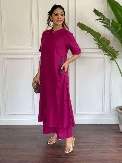 Fuchsia Pink Cotton Kurta Pant Set