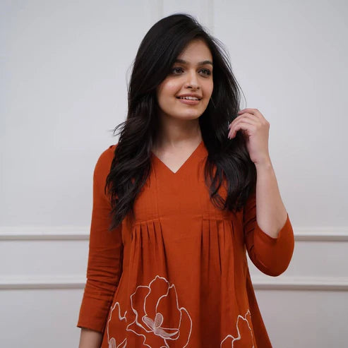 Rust Orange Embroidered Cotton Kurta Pant Set