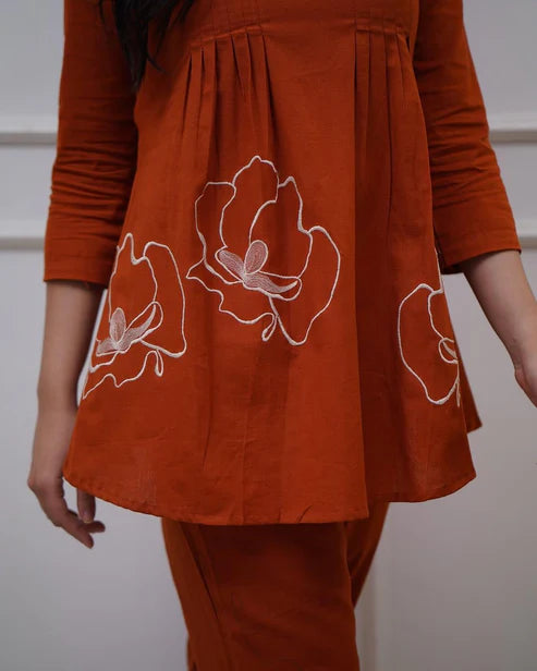 Rust Orange Embroidered Cotton Kurta Pant Set