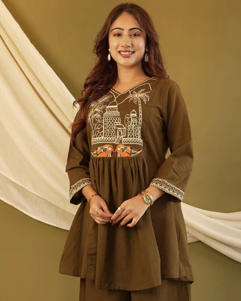 Olive Brown Embroidered Cotton Kurta Palazzo Set