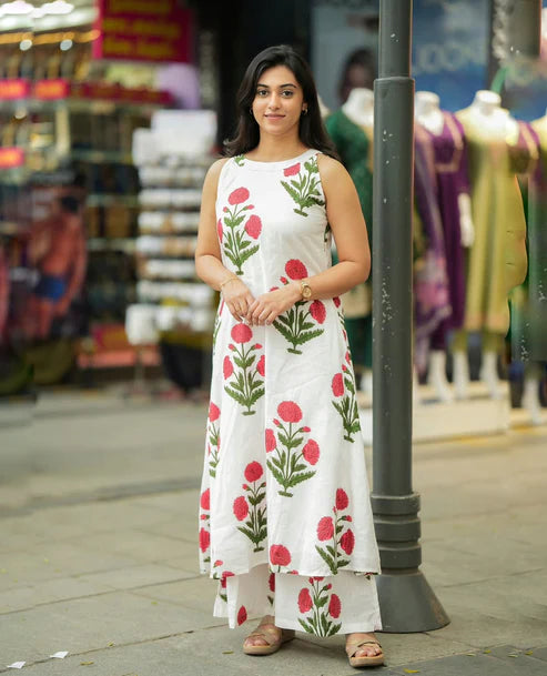 White Floral Printed Cotton Kurta Palazzo Set