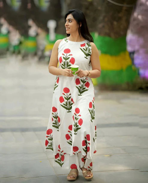 White Floral Printed Cotton Kurta Palazzo Set
