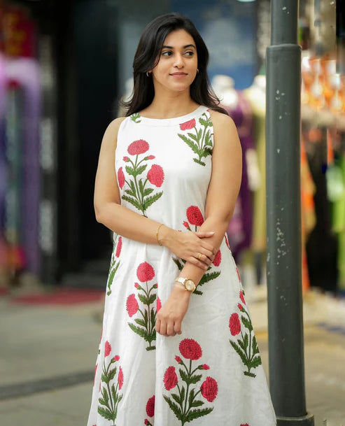 White Floral Printed Cotton Kurta Palazzo Set