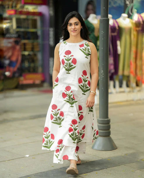 White Floral Printed Cotton Kurta Palazzo Set