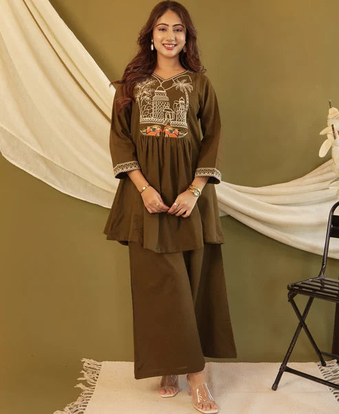 Olive Brown Embroidered Cotton Kurta Palazzo Set