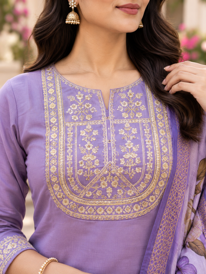 Lavender Embroidered Kurta Pant Dupatta Set For Women