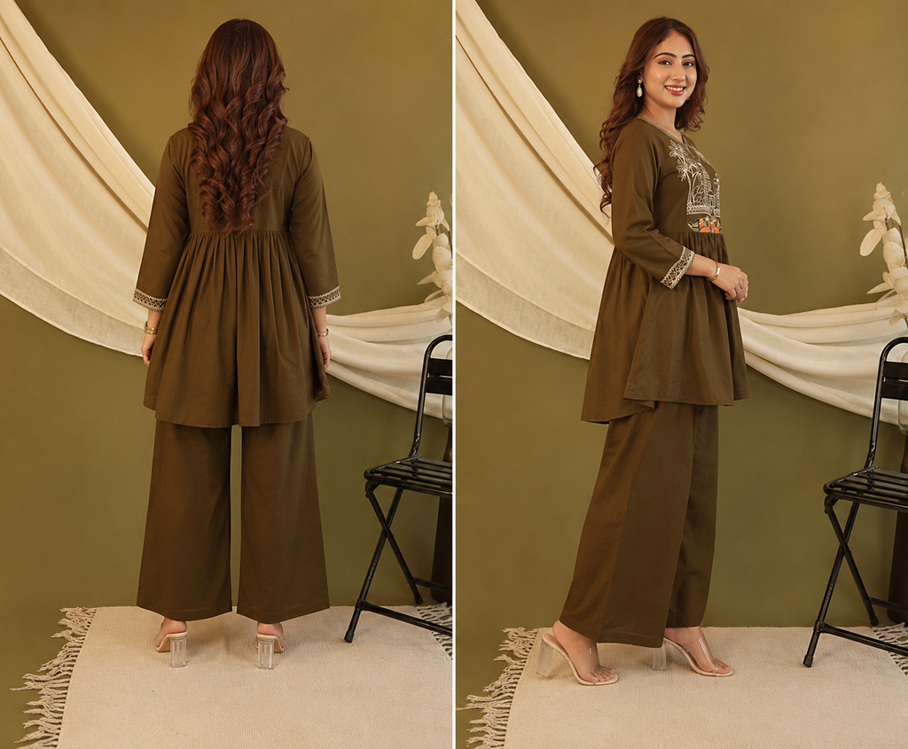 Olive Brown Embroidered Cotton Kurta Palazzo Set