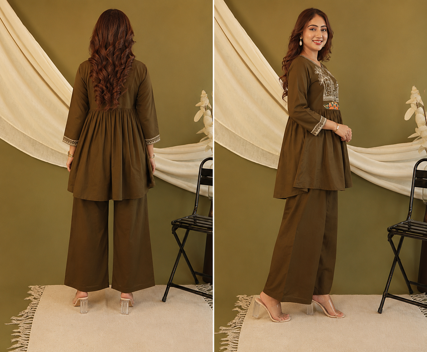 Olive Brown Embroidered Cotton Kurta Palazzo Set