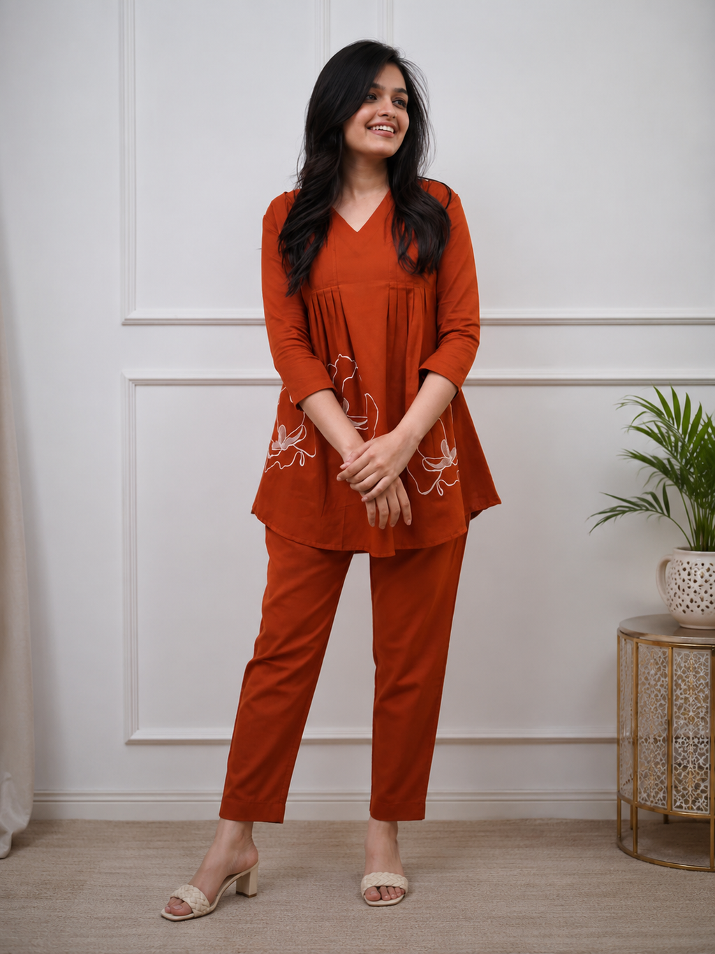 Rust Orange Embroidered Cotton Kurta Pant Set