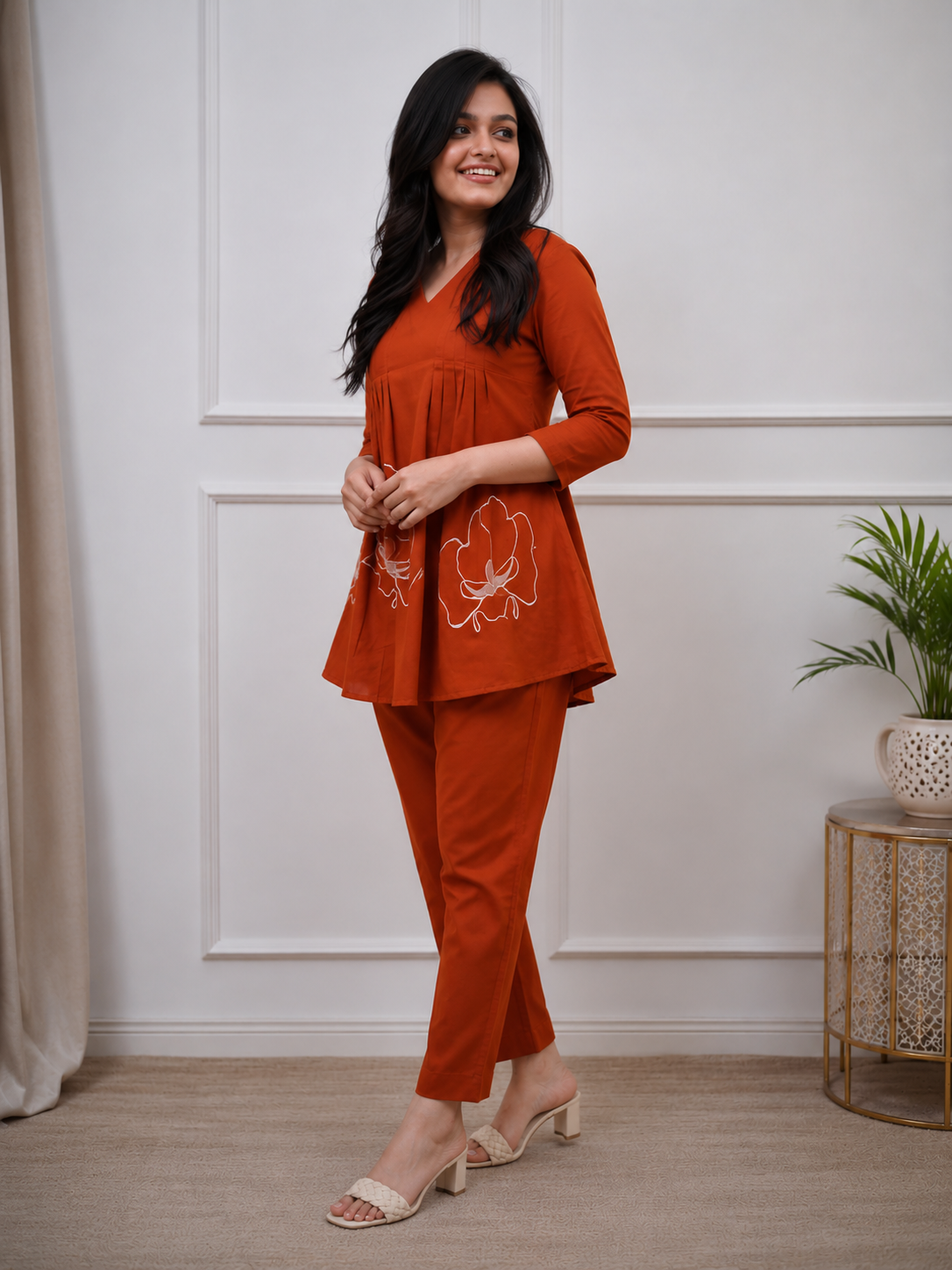 Rust Orange Embroidered Cotton Kurta Pant Set