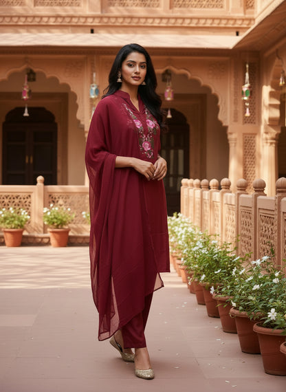Maroon Floral Embroidered Kurta Pant Set with Dupatta for Women