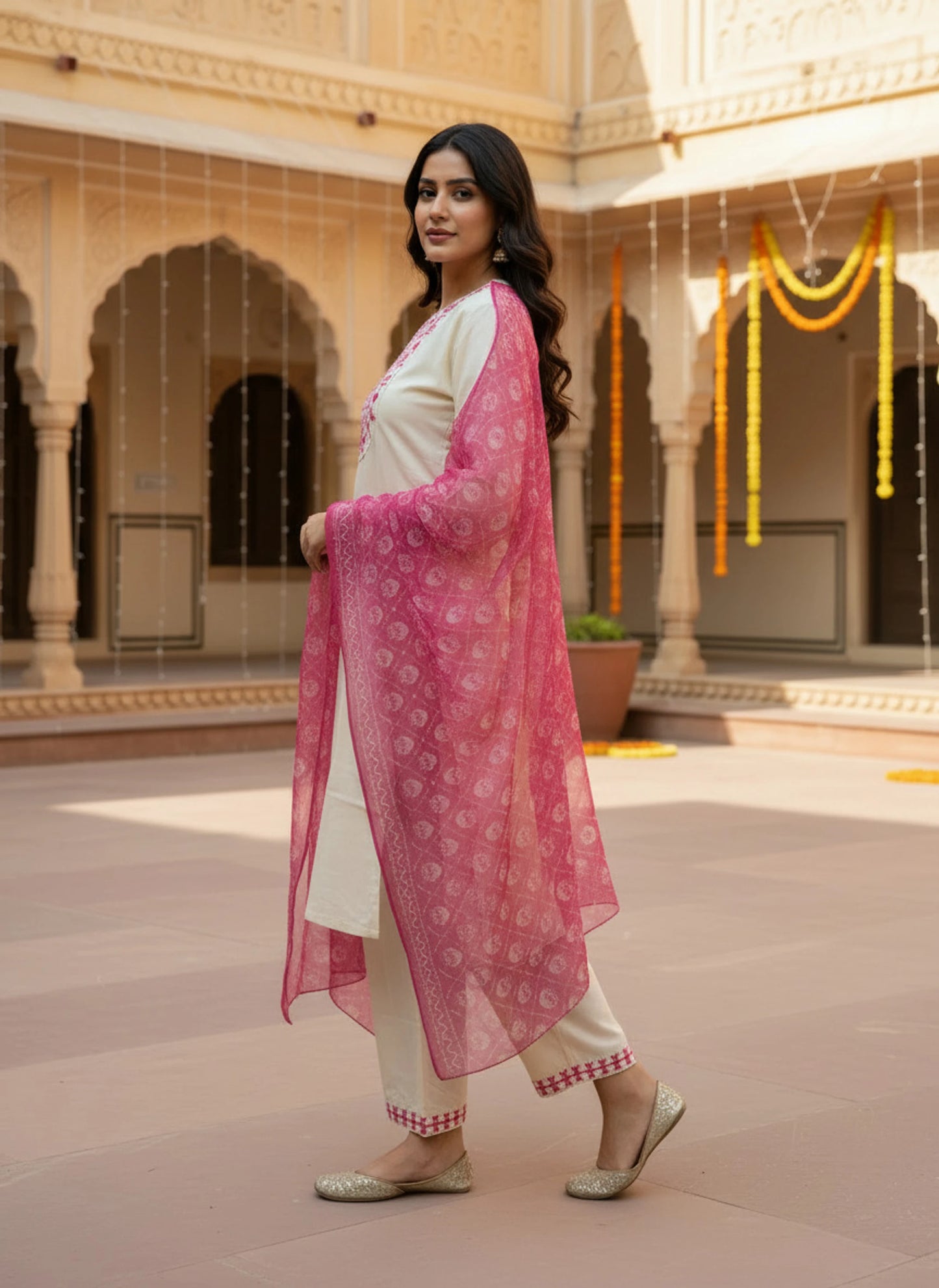 Cream Pink Embroidered Kurta Pant Set with Printed Dupatta for Women