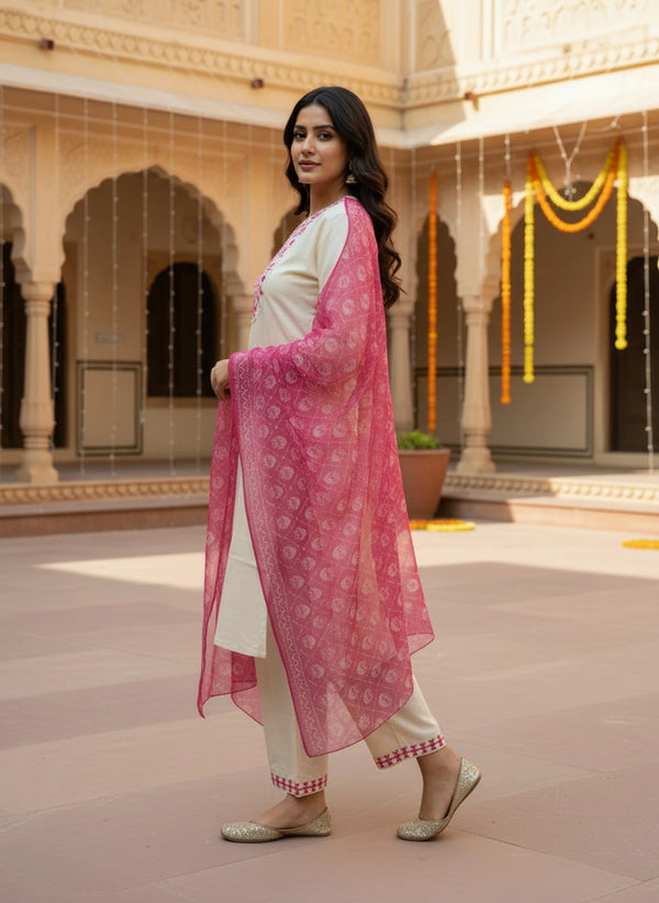 Cream Pink Embroidered Kurta Pant Set with Printed Dupatta for Women