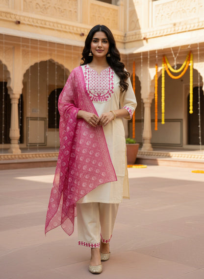 Cream Pink Embroidered Kurta Pant Set with Printed Dupatta for Women