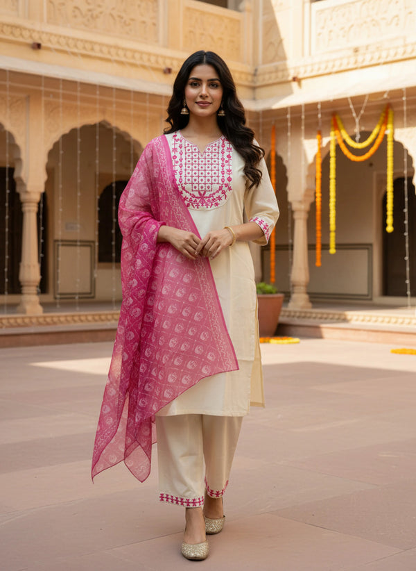 Cream Pink Embroidered Kurta Pant Set with Printed Dupatta for Women