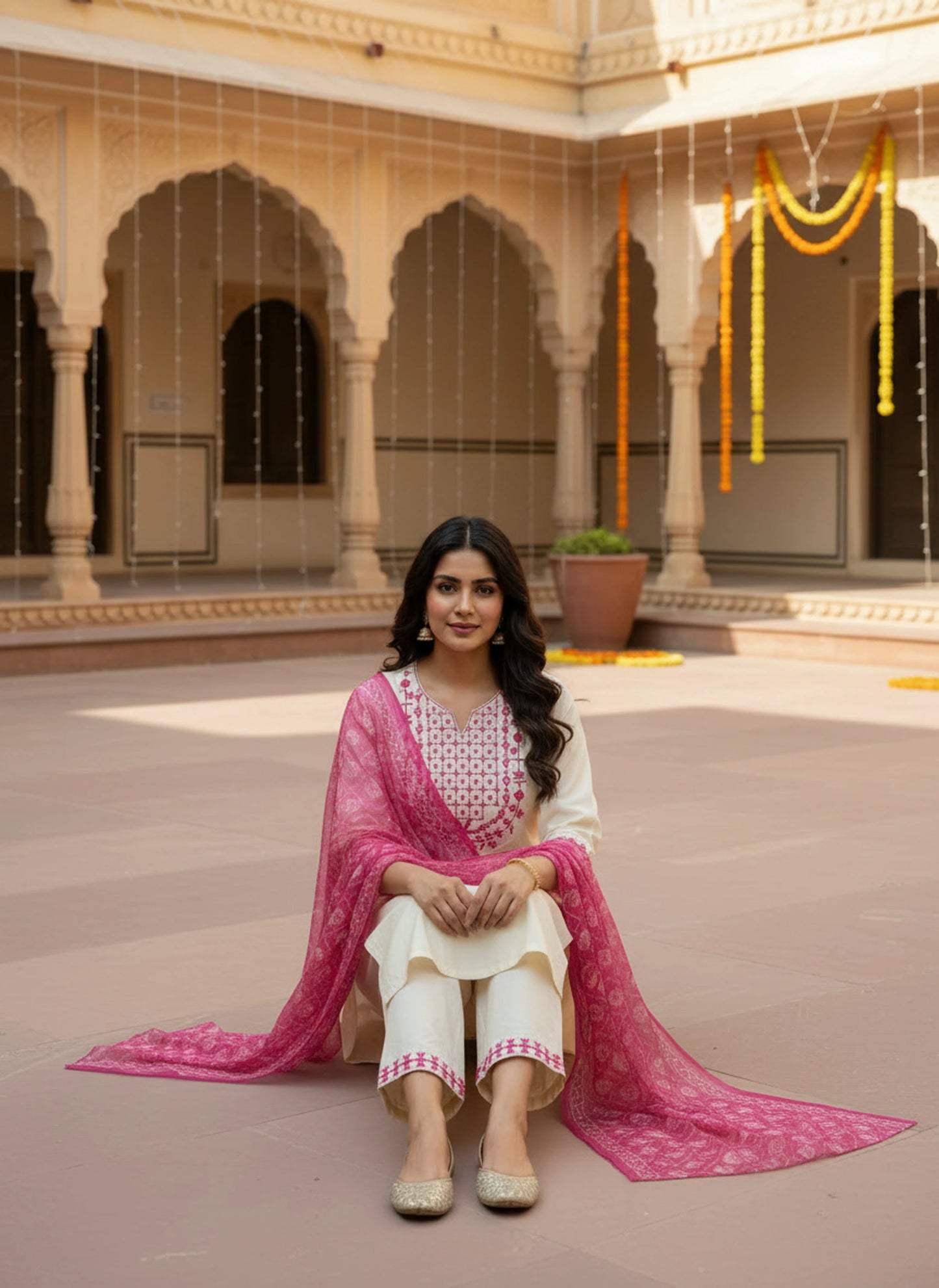 Cream Pink Embroidered Kurta Pant Set with Printed Dupatta for Women