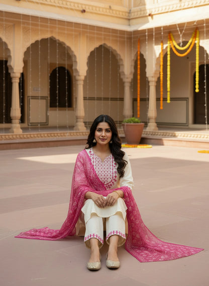 Cream Pink Embroidered Kurta Pant Set with Printed Dupatta for Women