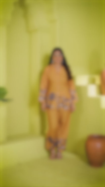 Mustard Floral Casual Shirt & Palazzo Co-ord Set
