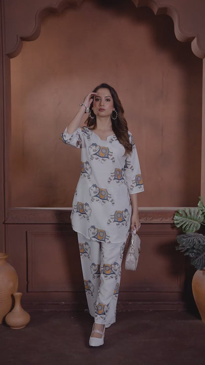 Ivory Elephant Printed Cotton Co-Ord Set