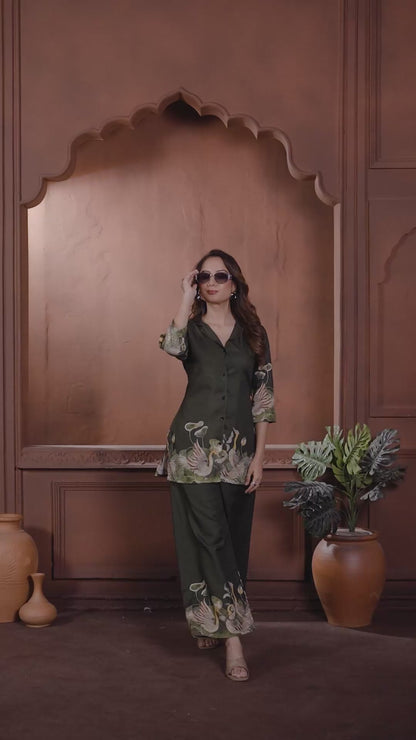 Olive Green Printed Cotton Co-Ord Set