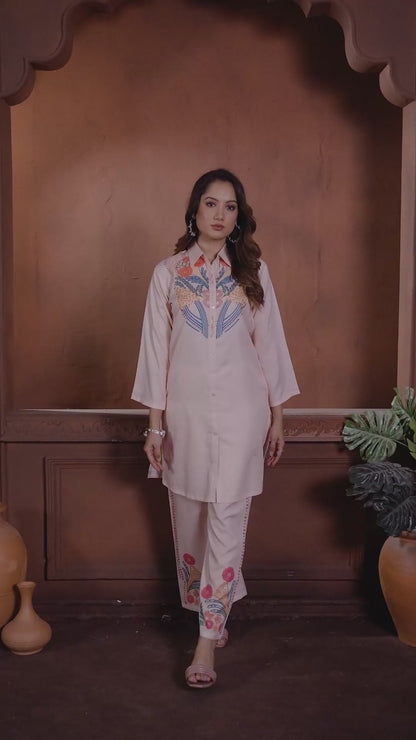 Peach floral printed Shirt Style Cotton Co-Ord Set