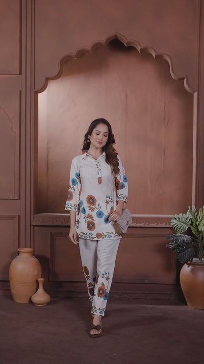 Ivory Floral Printed Cotton Kurta Pant Set